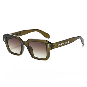 Fashionable olive green square sunglasses with brown gradient lenses and silver metal accents