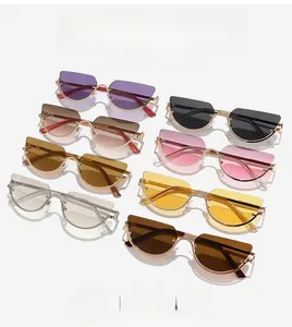 Detailed flat lay of retro cat-eye half-frame sunglasses in eight assorted lens colors
