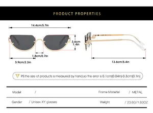 Size chart showing metal half-frame sunglasses dimensions and specifications in inches