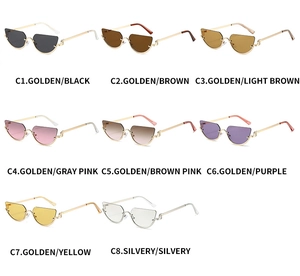 Detailed display of cat-eye sunglasses in eight colors with gold and silver frames