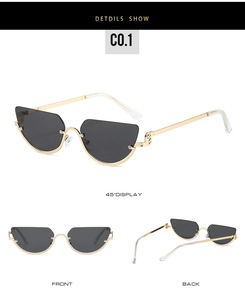 Detailed views of gold metal cat-eye sunglasses with decorative G-shaped hinges and dark lenses