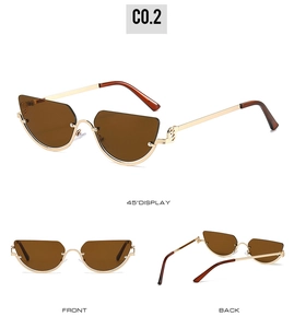 Three angles of cat-eye half-frame sunglasses with gold metal frames and brown lenses