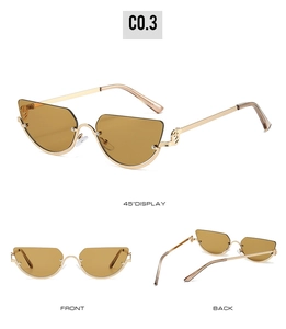 Detailed multi-angle views of trendy cat-eye semi-rimless sunglasses with gold metal frame