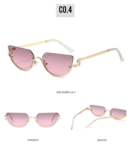 Detailed views of gold cat-eye sunglasses with pink gradient lenses and metal frames