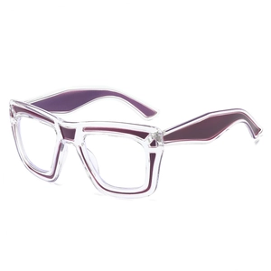 Fashionable oversized square clear glasses frame with purple geometric inlay accents
