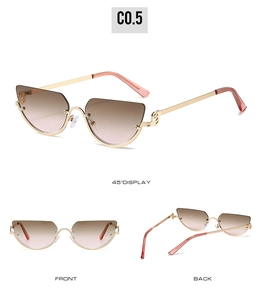 Three-view display of cat-eye half-frame sunglasses with gold metal and pink lenses