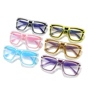Multiple colors of square thick-frame blue light blocking glasses shown on white background