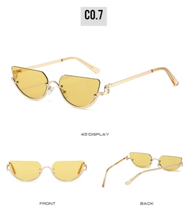Detailed views of gold semi-rimless cat-eye sunglasses with yellow lenses in three angles