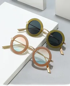 Detail view of oval retro sunglasses with thick frames and premium metal bridge