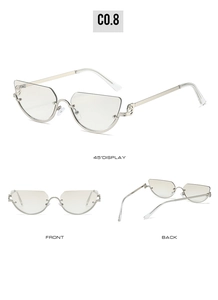 Detail view of silver semi-rimless cat eye glasses frame showing front and side angles
