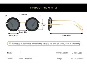 Detailed size chart for retro oval sunglasses showing dimensions and PC metal materials
