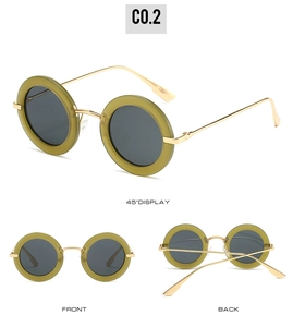 Front, back, and 45-degree views of oval retro sunglasses with olive frames and gold temples