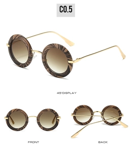Detail views of oval retro sunglasses with tiger grain frame and gold metal temples