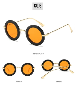 Retro oval sunglasses with thick black frames and orange lenses in three view angles