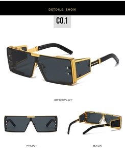Vues détaillées de lunettes de soleil carrées en métal avec monture dorée et verres gris