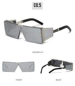 Détails de lunettes de soleil industrielles argentées avec cadre en métal et plaquettes