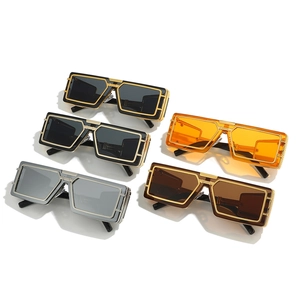 Modern rectangular punk sunglasses in gold and silver metal frames with colorful lenses