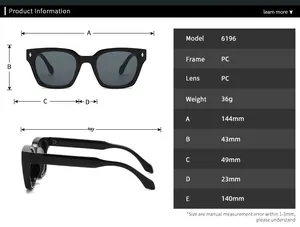 Size chart for vintage square sunglasses with frame weight and lens dimensions