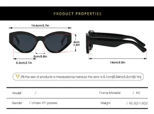 Detailed size chart for retro cat eye sunglasses showing PC frame dimensions and weight