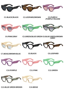 Grid view of fourteen pairs of cat-eye sunglasses and glasses in assorted vibrant colors