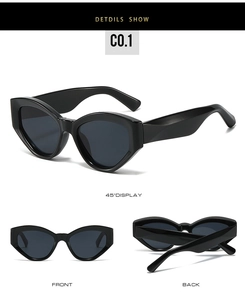 Detailed multi-angle views of retro cat-eye sunglasses with thick black frames