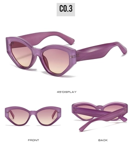 Three-angle view of retro purple cat-eye sunglasses with gradient pink lenses and wide temples