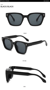 Detailed views of vintage oversized black square sunglasses with metal diamond rivets