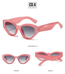 Multi-angle view of pink translucent cat eye sunglasses with grey gradient lenses