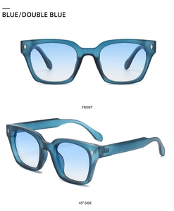 Detail of square sunglasses with translucent blue frame and silver diamond rivets
