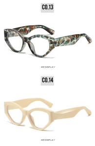 Vertical display of retro cat-eye glasses in colorful tortoiseshell and beige frames