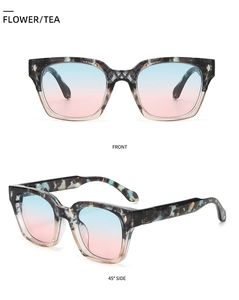 Detailed views of vintage square tortoiseshell sunglasses with blue-purple gradient lenses
