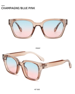 Detailed front and side views of champagne square sunglasses with blue pink gradient lenses