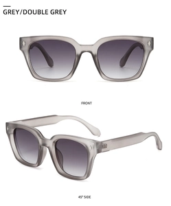 Front and 45-degree side views of grey translucent square sunglasses with silver metal rivets