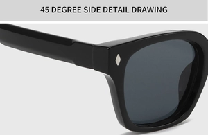 Detailed 45-degree side view showing silver rivets on black acetate square sunglasses