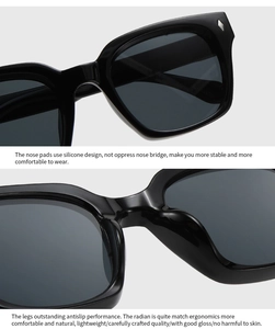 Detail of comfortable nose pads and ergonomic temples on black square sunglasses
