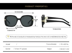 Detailed size guide and technical specifications for square frame unisex sunglasses