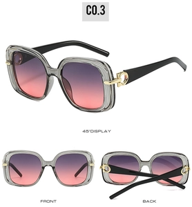 Detailed views of square frame sunglasses with gradient lenses and gold hinge accents
