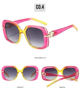 Multi-angle views of square sunglasses with pink yellow frames and gold metal detail
