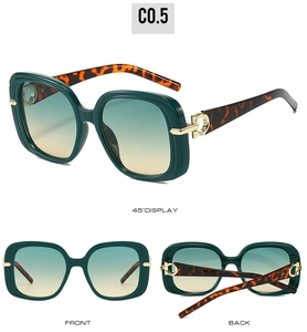 Square green sunglasses with tortoiseshell temples and gradient lenses from three angles