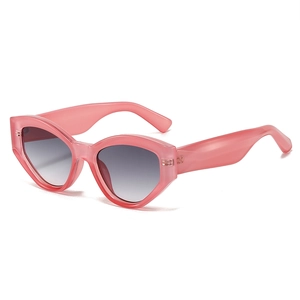 Modern pink cat-eye geometric sunglasses with gradient grey lenses in a translucent finish
