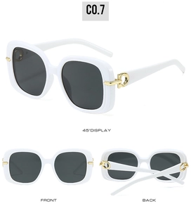 Three angles of white square sunglasses showing front, back, and golden metal hinges