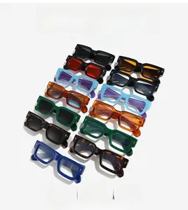 Detailed top view of assorted colorful square frame sunglasses in a neat diagonal matrix