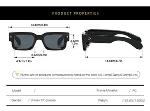 Detailed size chart for square sunglasses showing lens, bridge and temple dimensions in cm