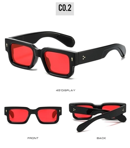Detailed views of square black sunglasses with red lenses and metallic rivet accents