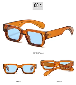 Detailed views of vintage amber square sunglasses with blue lenses and metal rivets