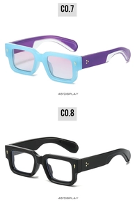 Detailed 45-degree view of square sunglasses in blue-purple and classic black frames