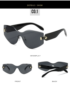 Detailed views of rimless sunglasses with wave-edge grey lenses and honeycomb hinge decor
