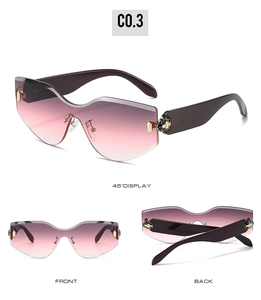 Frameless snake head sunglasses with pink gradient lenses shown from multiple viewing angles