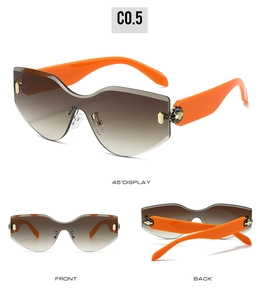 Three-angle view of rimless snake-head sunglasses with orange frames and gradient lenses