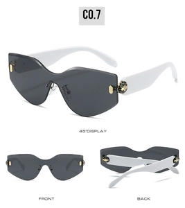 Three-angle display of frameless sunglasses showing front back and side views